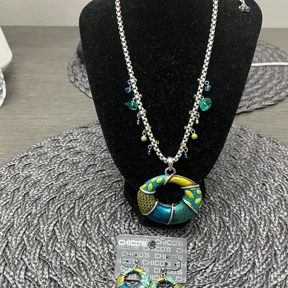 Chico's Blue and Yellow Pendant Necklace and Earrings